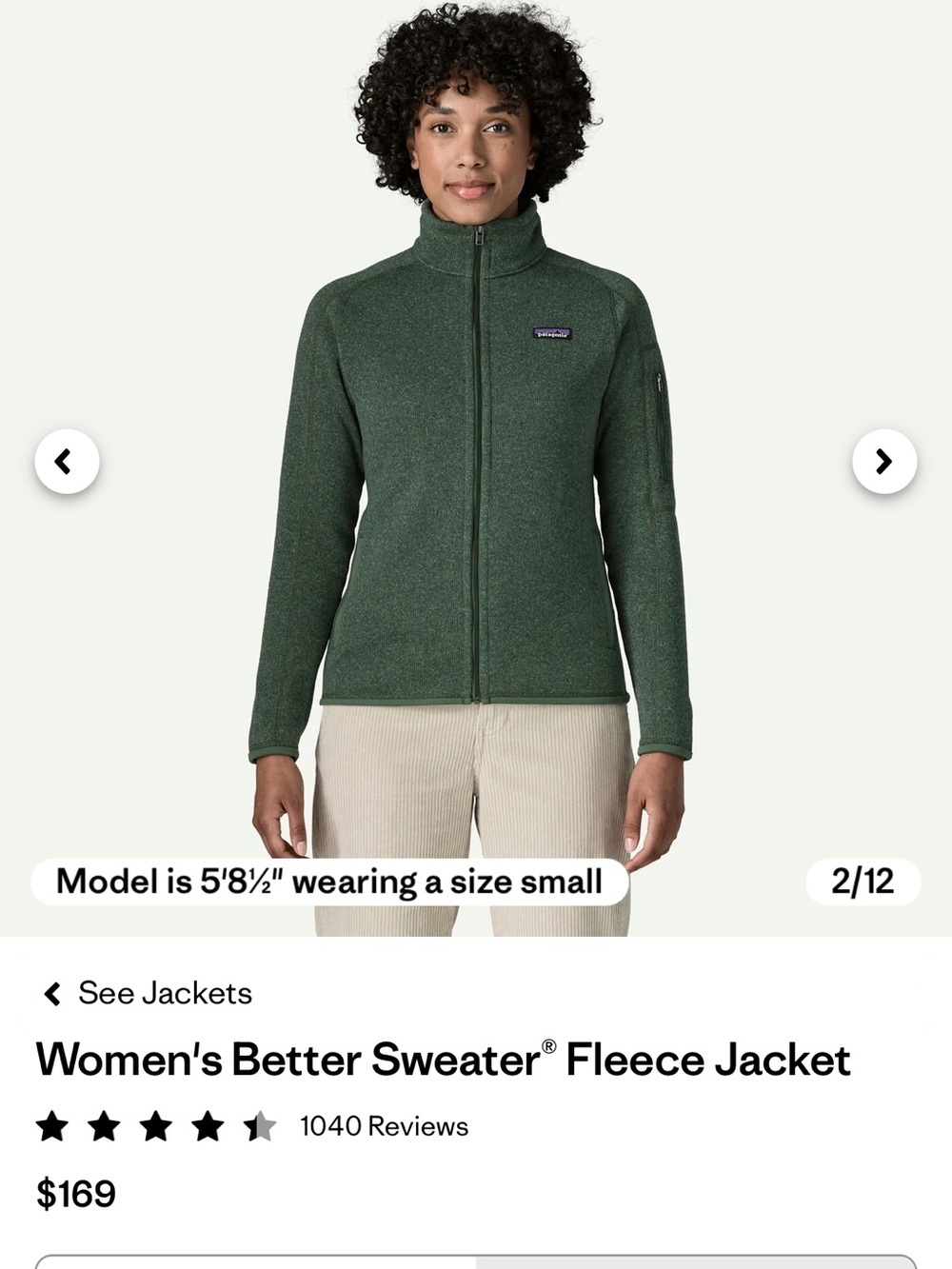 Patagonia Better Sweater Full Zip Fleece Jacket Green Womenβs Medium